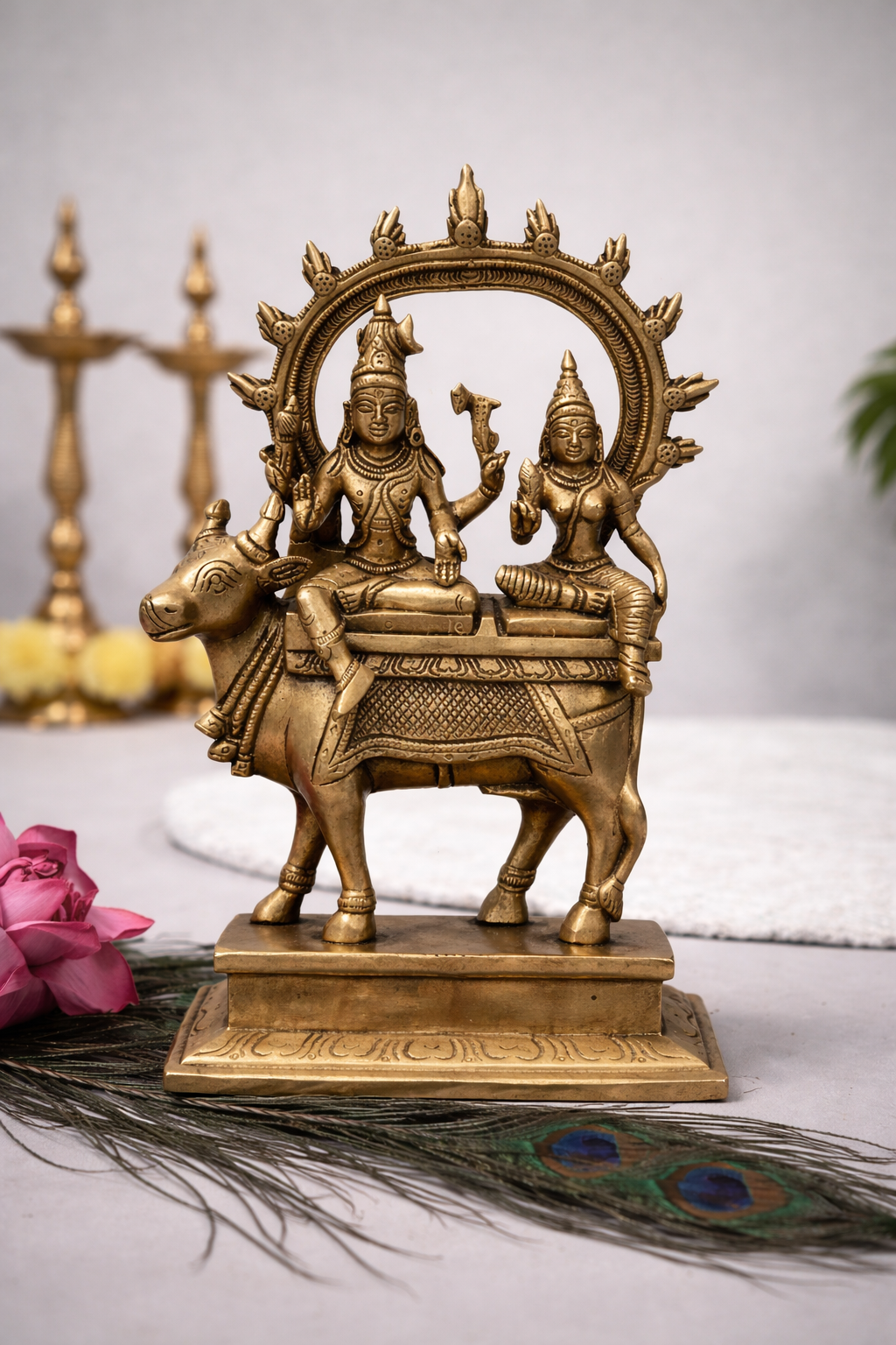 Pure brass Shiva Parvati seated on Nandi statue 9 inch height solid brass divine couple sculpture