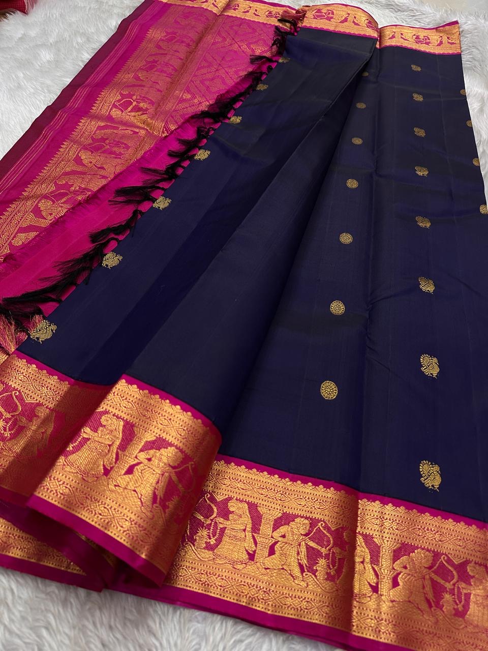 Sita parinayam envisioned in pure silk Kanchipuram elegance deep blue with magenta