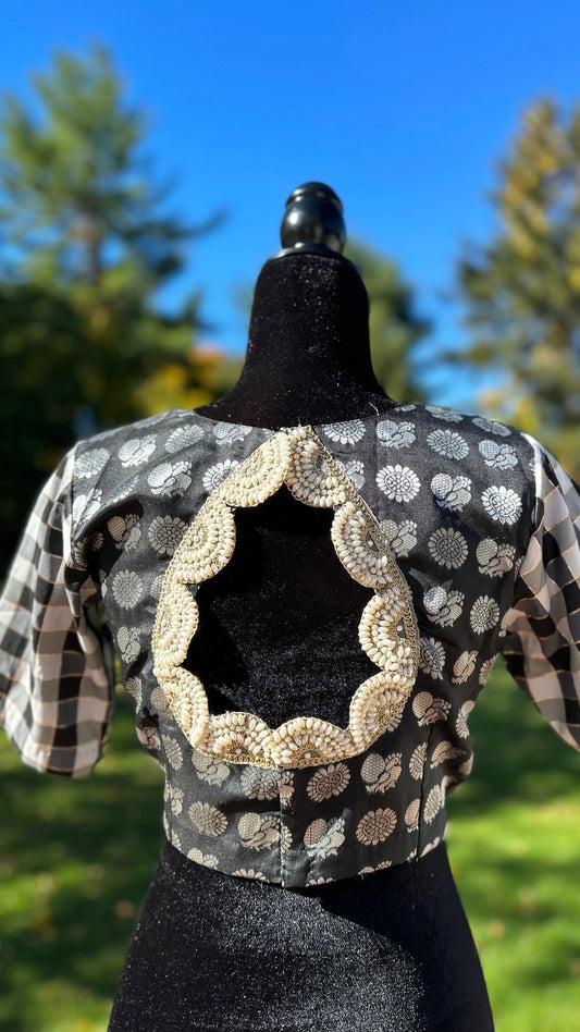 Black and white silk blouse with pearl embroidery