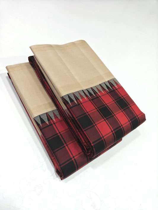 Kumkum Ivory Kattam
Pure Kanchipuram Silk Saree – Ivory Body with Red & Black Kattam Checks
Korvai Borders with Elegant Zari Detailing
Grand Zari Pallu with Subtle Gold Stripes
Silk Mark Certified ✅ | Fall & Pico Done ✅ | Blouse Stitching Available ($30)