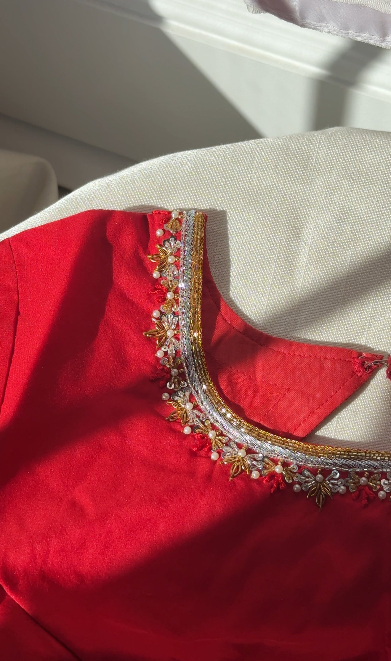 Red & White Jamdhani Muslin Silk Saree
with Hand-Embroidered Pure Silk Cotton Blouse- custom blouse made to your measurements 
Free Shipping within USA • Ships in 3 Weeks •