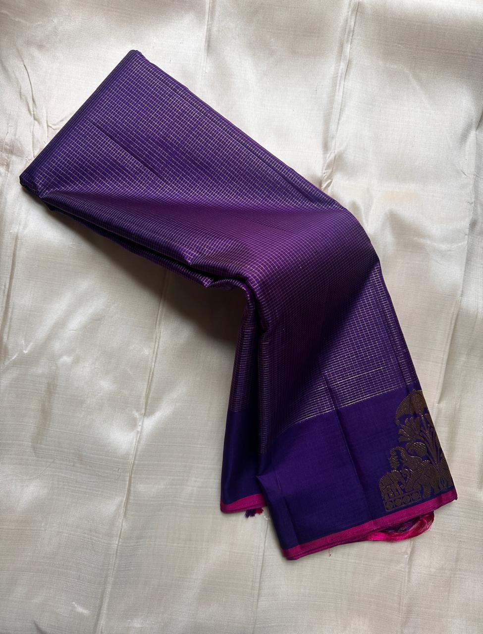 Opulent Purple Procession
Pure Kanchipuram Handloom Silk Saree
Elephant-Pallakku Zari • Heirloom Grandeur