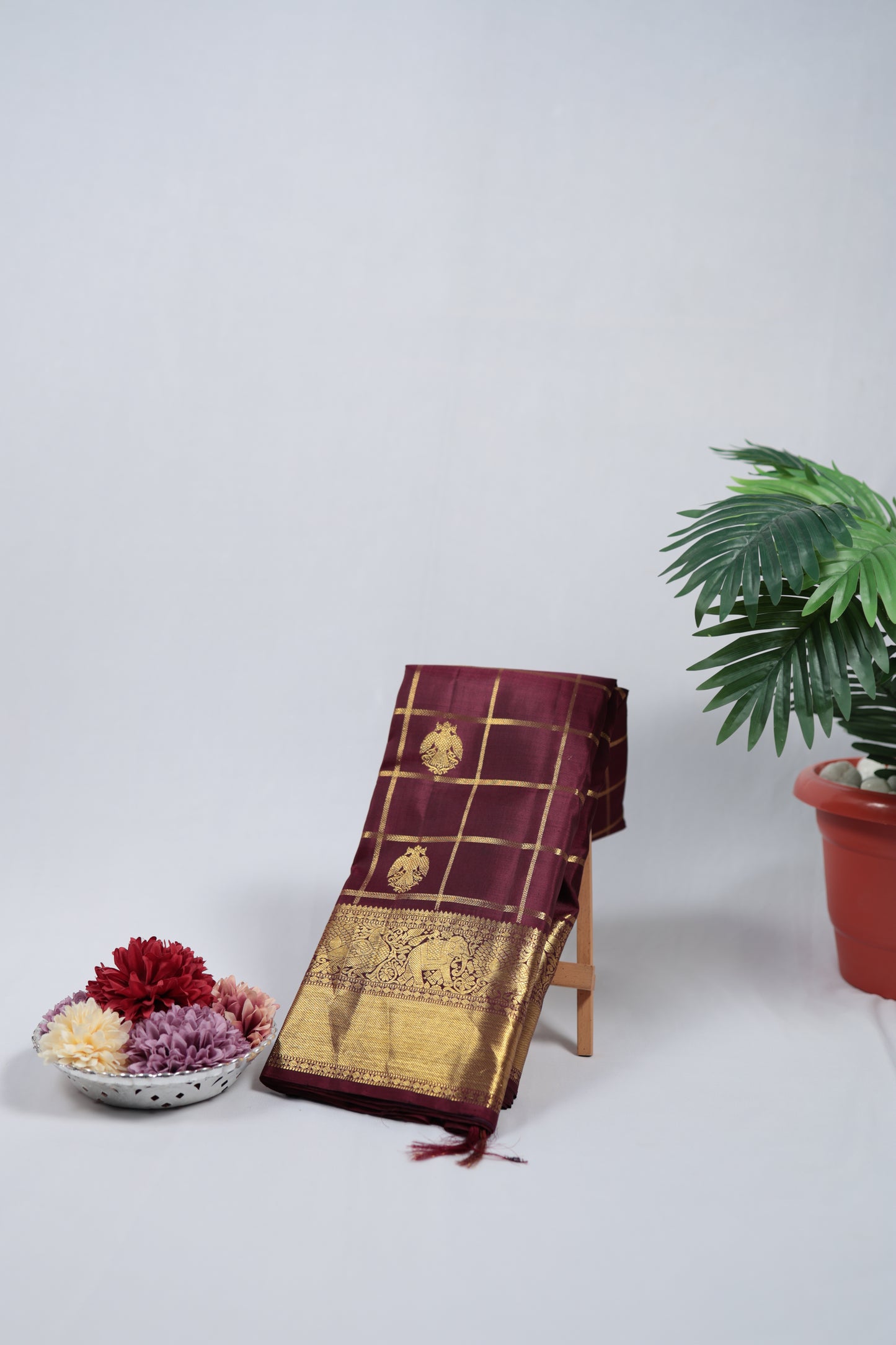 Pure Kanchipuram Silk Saree Wine Plum with Antique Gold Zari Kattam Checks and Gandaberunda Butta