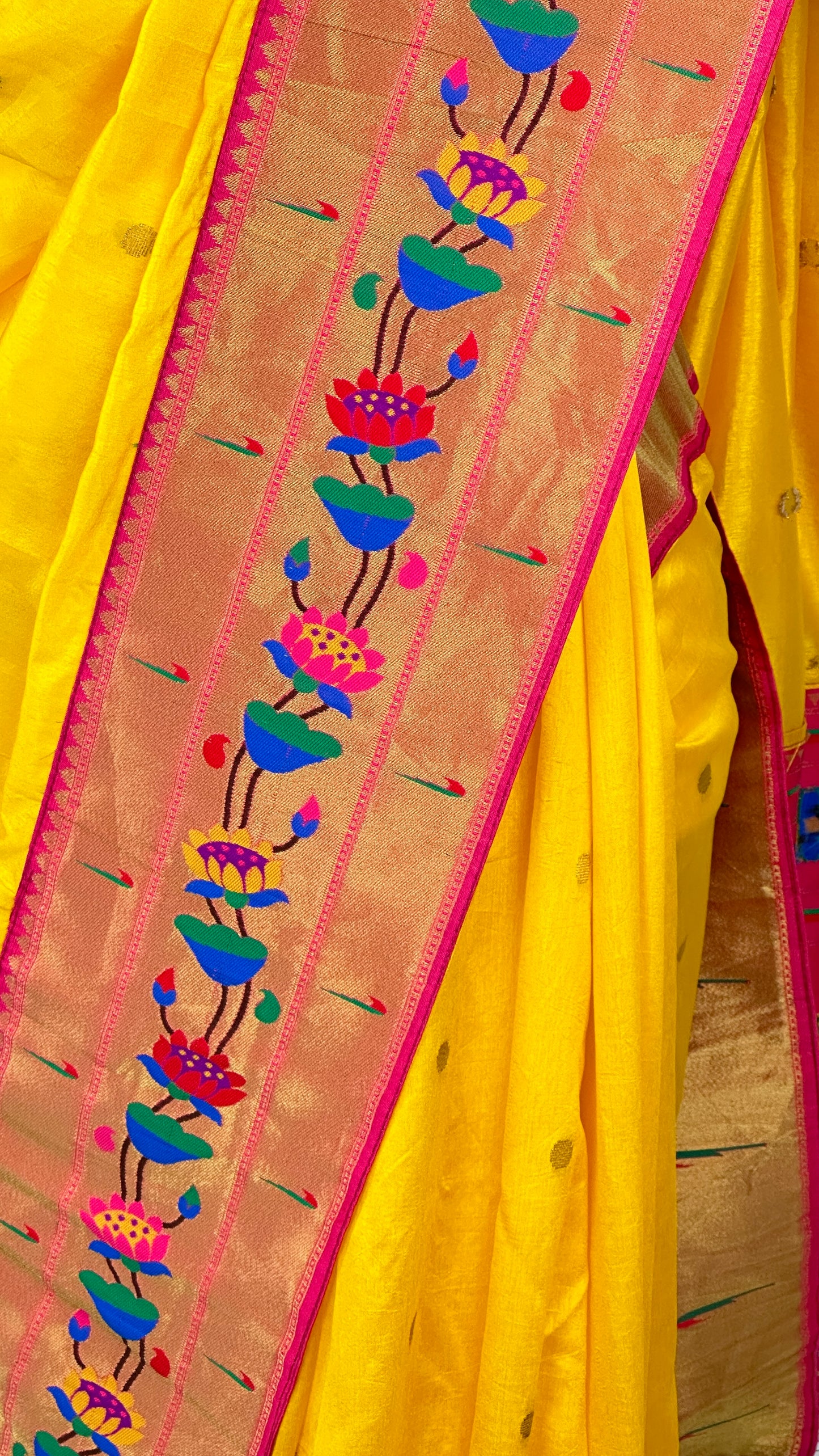 Paithani soft silk saree and embroidered blouse - Yellow and Pink