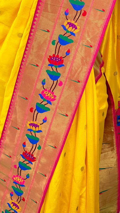 Paithani soft silk saree and embroidered blouse - Yellow and Pink