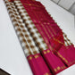 Ivory & Caramel beige Checked Pure Silk Saree

Rani-Pink Rettapet Border with Gold Zari Coin Roundels

Rich Rani-Pink Zari Pallu with Chevron & Stripe Weave

Pink Blouse Piece with Matching Zari Border
silk Mark certified , 2g Zari korvai Kanchipuram