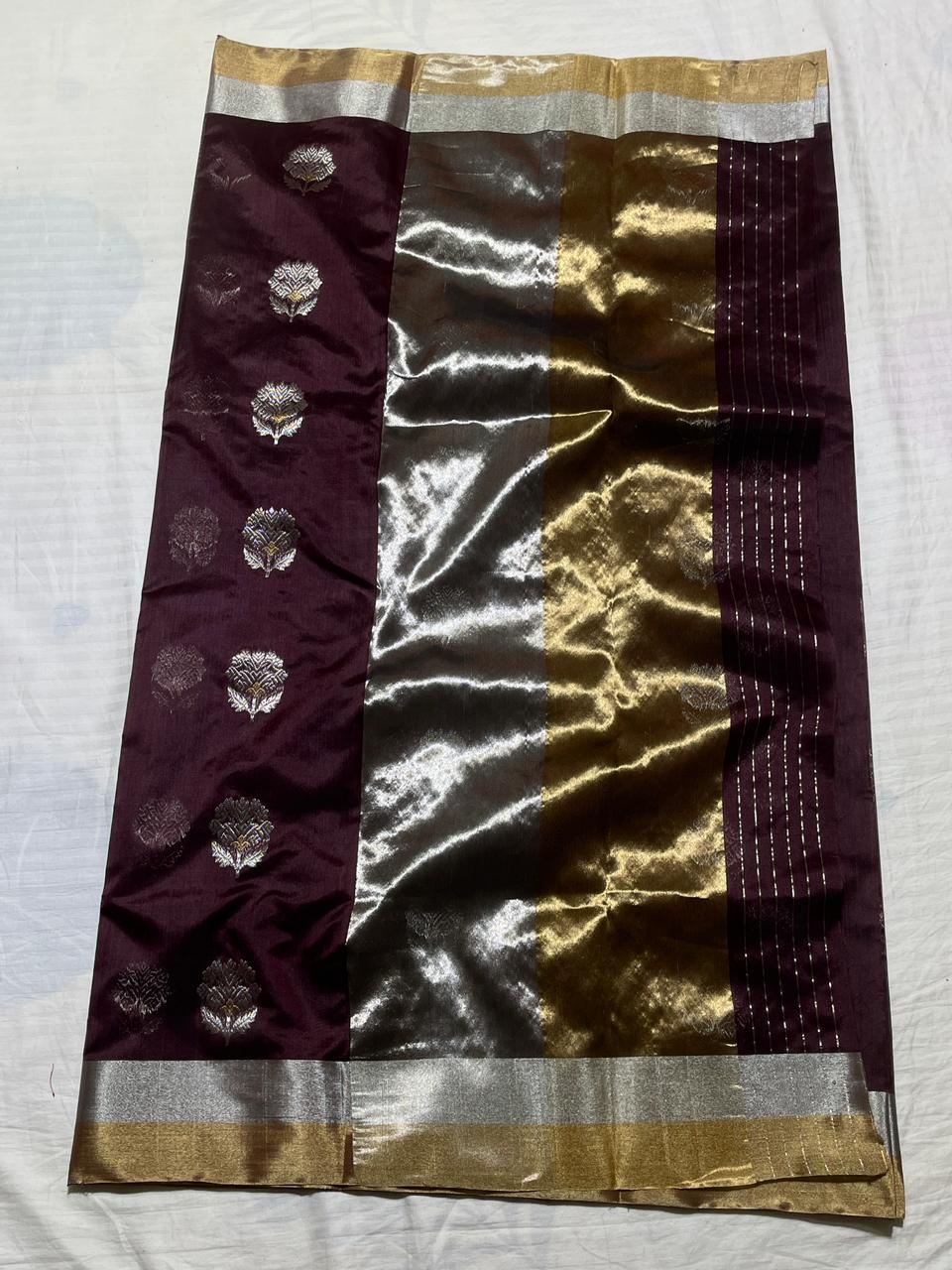 Pure silk Chanderi handloom coffee brown with sona roopa motif saree