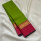 Valli Pachai – Kanchipuram Pure Silk Saree

Parrot-green body in kattam (grid) checks with subtle zari lines

Korvai contrast rani-pink borders featuring gaja (elephant) procession & temple reku motifs

Rich rani-pink zari pallu with vertical bands