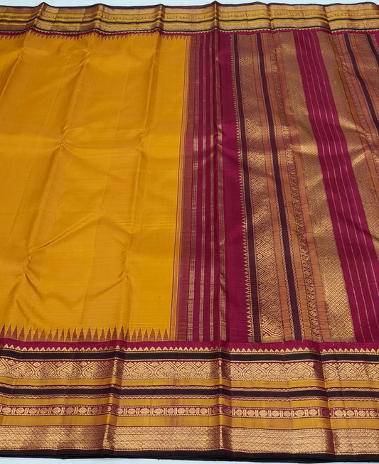 Pure Kanchipuram Silk Saree – Mustard Gold with Korvai Pillayar Reku Border
