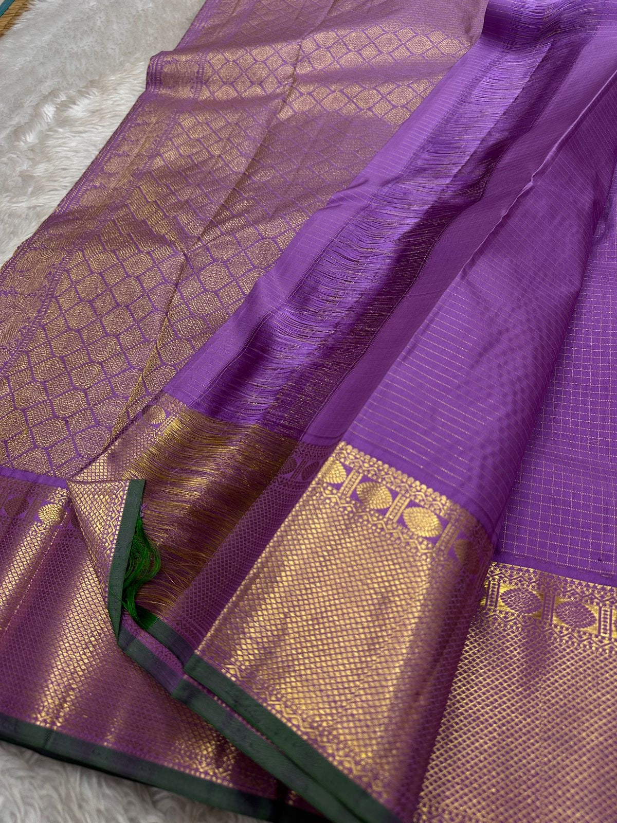 Challani – Regal Purple Kanchipuram Silk Saree with Zari Checks and Buttas & arai maadam Border and rudrakshapet with muthu seer