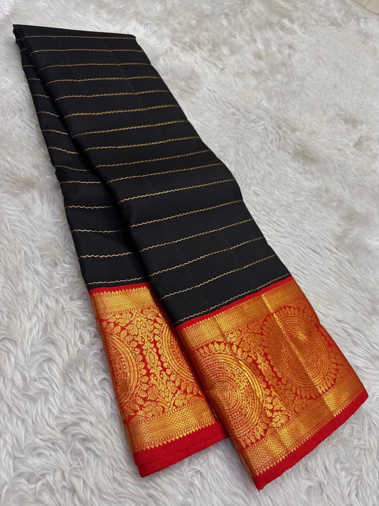 Black and Crimson Handwoven Pure Silk Kancheepuram Saree with Veldhari Body and Grand Zari Border
