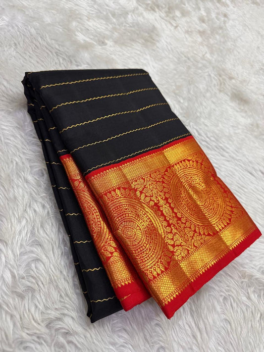 Black and Crimson Handwoven Pure Silk Kancheepuram Saree with Veldhari Body and Grand Zari Border