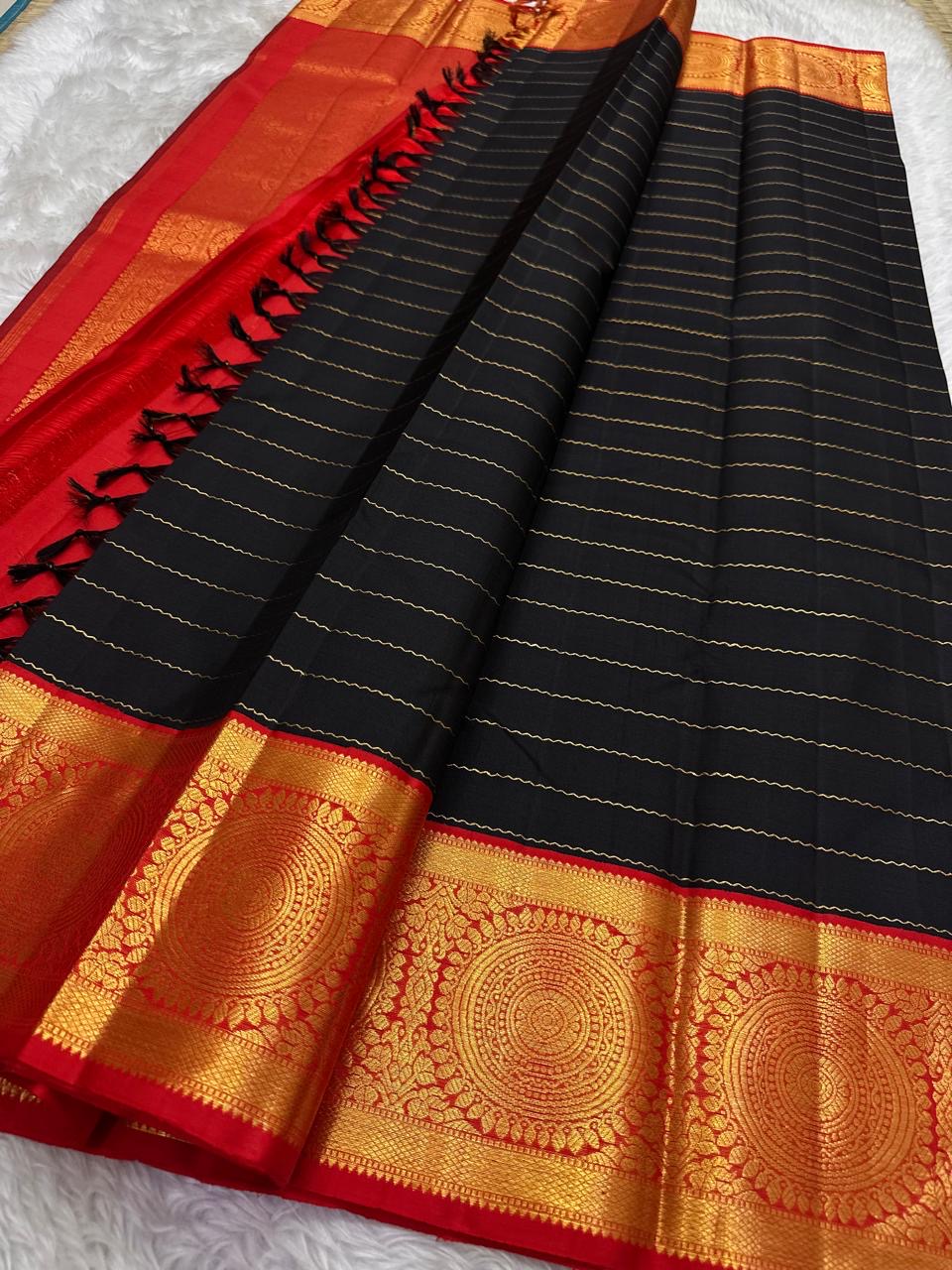 Black and Crimson Handwoven Pure Silk Kancheepuram Saree with Veldhari Body and Grand Zari Border