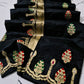 Draped black handloom Chanderi silk saree with multicolour woven border and luminous gold-toned pallu