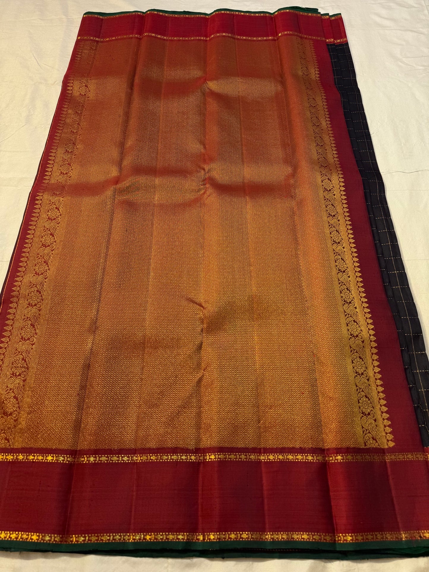 Black and red handwoven pure silk Kanchipuram Zari Kattam saree — full overview