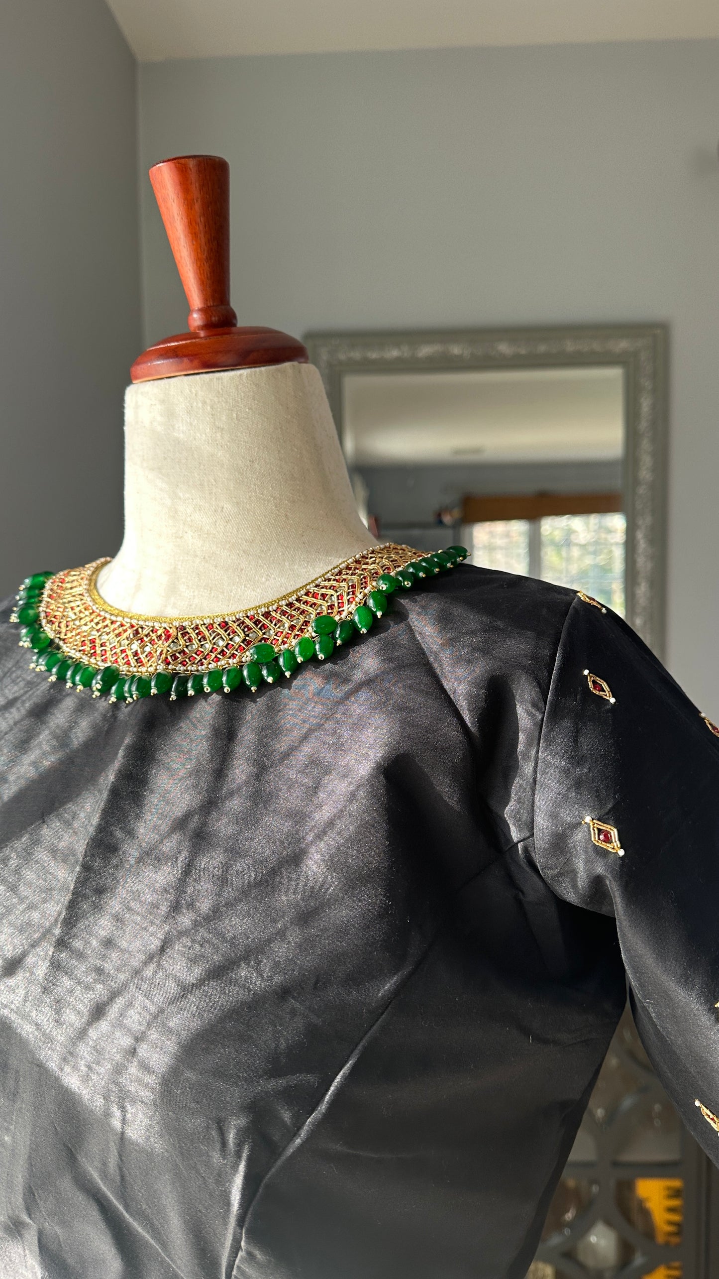 "Tanjore" collection - tanjore painting inspired silk embroidered blouse - Black green and red