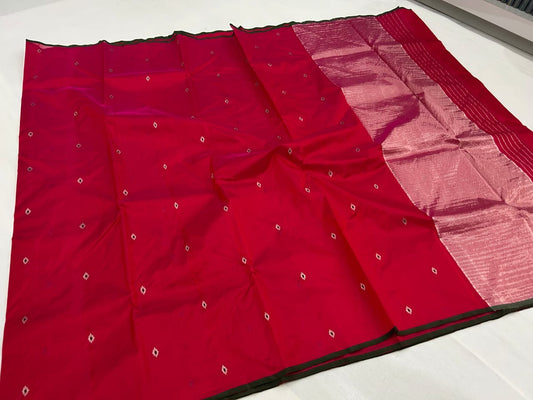 Pure tissue silk handloom chanderi tomato red  with a green Mina  with zari butta all over