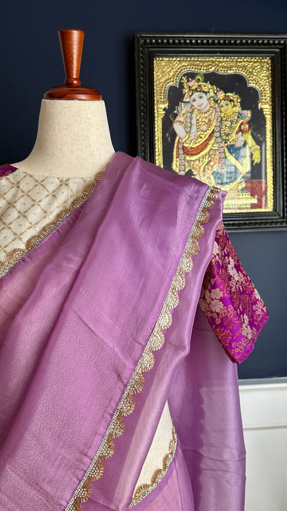 Pure banarasi silk blouse with pure tissue silk  saree - Cream and Lavender ( Rita series )