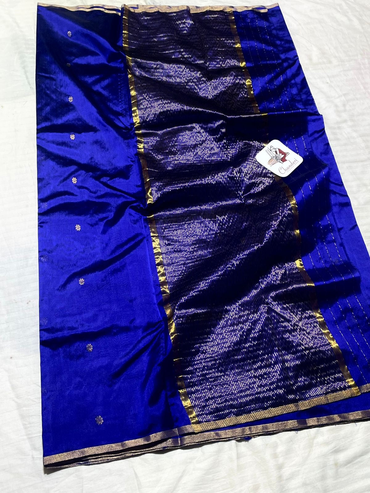 Pure tissue silk handloom chanderi ink blue  with zari butta all over