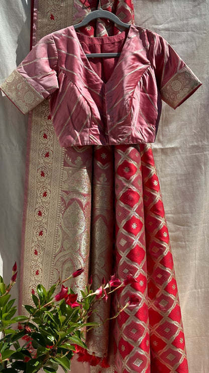 Pink and red banarasi saree set