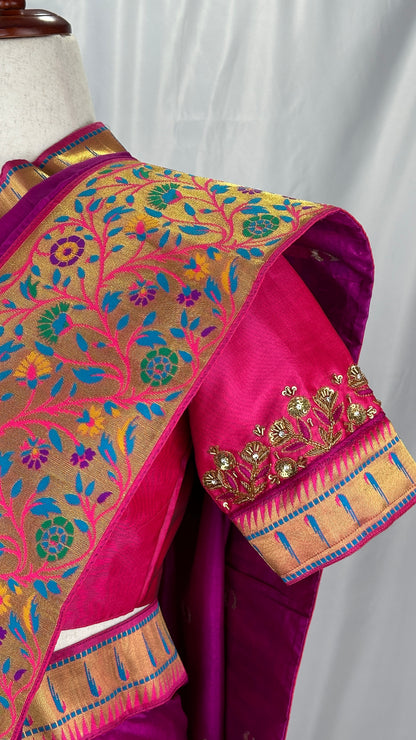 Paithani soft silk saree and embroidered blouse - purple and Pink