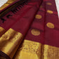 A majestic maroon Kanchipuram silk saree, adorned with intricate golden zari featuring the mythicalYazhi (Yali ) motifs—a symbol of divine strength and protection in Hindu mythology. The grand temple-style gold border adds depth and regality, making this