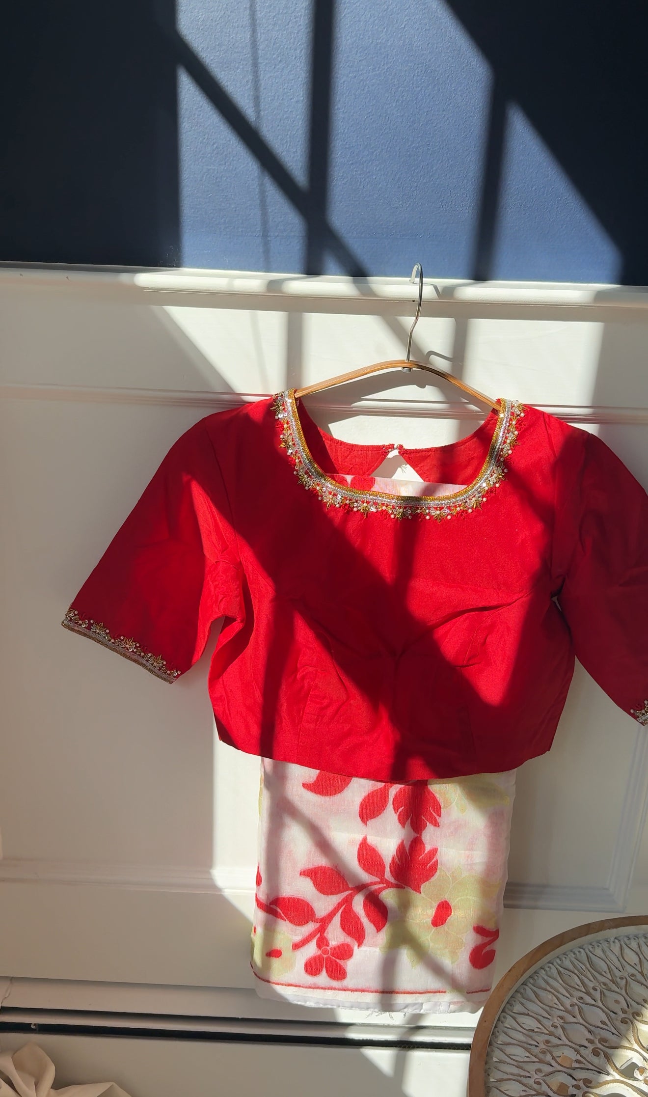 Red & White Jamdhani Muslin Silk Saree
with Hand-Embroidered Pure Silk Cotton Blouse- custom blouse made to your measurements 
Free Shipping within USA • Ships in 3 Weeks •