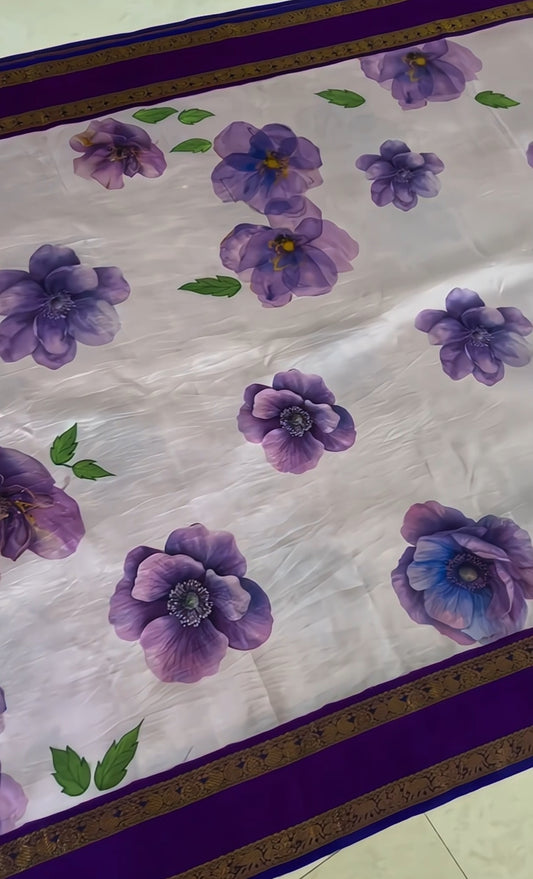 Taruni – Royal Purple Kanchipuram Silk Saree
with Digitally Printed Florals & Pure Silver Zari
A Dreamy Symphony of Silk and Botanical purple blooms