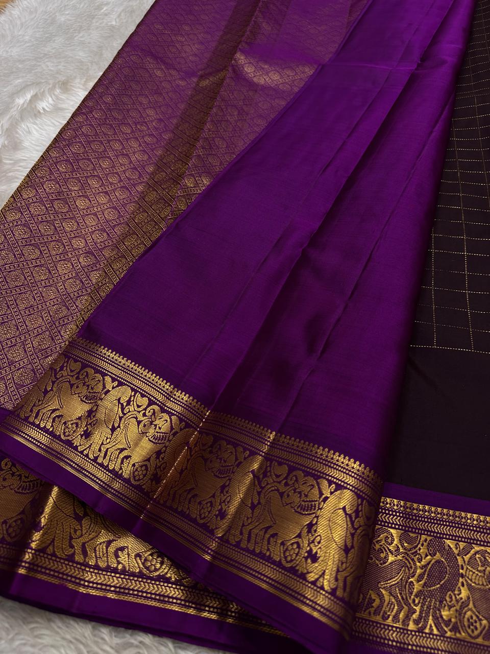 Sorgavaasal Kili , stunning motif in dark brown and purple zari kattam zari woven yazhi buttas in pure silk kanchipuram