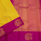 Kanakambari — Pure Kanchipuram Silk Saree (Haldi Yellow × Rani Magenta)
Vibrant haldi-yellow micro-checked body with antique zari peacock motifs on korvai magenta borders
Silk Mark Certified • Fall & Pico Done • Blouse Stitching Available ($30) • Free Shi