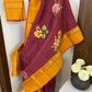 Mandaram – One-of-a-Kind Deep Brown Pure Kanchipuram Silk Saree with Golden Mustard Zari Fish Motifs, Monsoon Hibiscus Floral Print & Striking Red Selvedge (Silk Mark Certified, Woven in Sunguvar Sathiram( Kanchi) Printed in Delhi)
