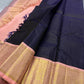 Deep navy blue Zari kattam with pink peach border peacock motif and Pallu