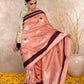 Peach Bloom – Pure Chanderi Silk Saree with Coffee Borders & Floral Resham Buttas | Tissue Pallu | Ships in Two Weeks