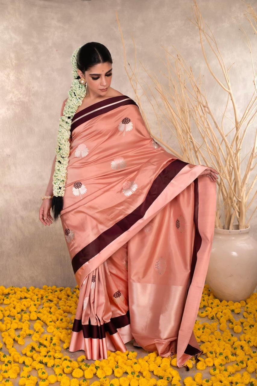 Peach Bloom – Pure Chanderi Silk Saree with Coffee Borders & Floral Resham Buttas | Tissue Pallu | Ships in Two Weeks