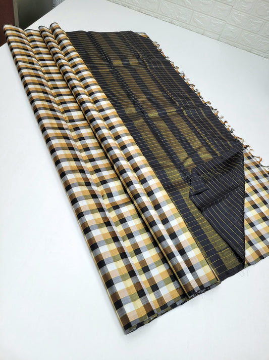 Black white and beige checks pure silk Kanchipuram with seer zari Pallu