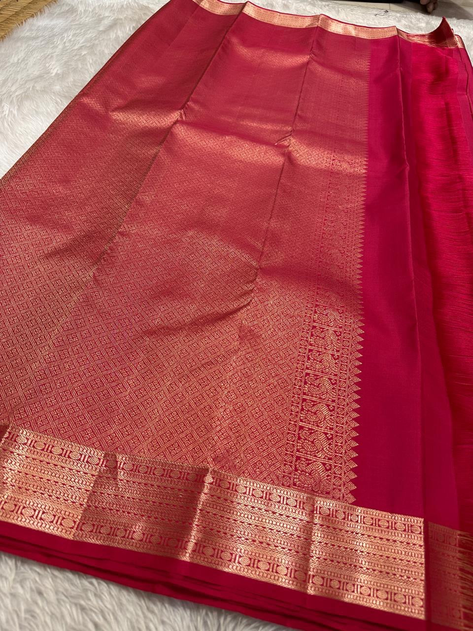 Vibha Tomato deep pink Red  - A Deep Plum Pure Kanchipuram Silk Saree Blending the Grandeur of South Indian Weaving with Paithani-Inspired Floral Zari Borders and a Lustrous Rose Gold zari Pallu