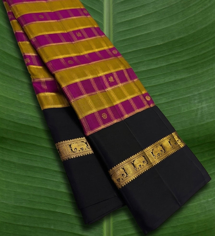 Kanchipuram Silk Saree • Veldhari Korvai Weave • magenta ponvandu gold checks with deep brown