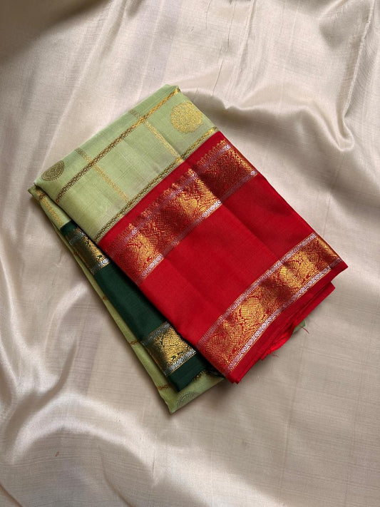 Pistachio Ganga Jamuna – Pure Kanchipuram Silk Saree
pistachio green body with zari kattam & floral buttas ✨
Ganga Jamuna borders in emerald green & vermilion red 🌿🔥
vermilion red pallu richly woven with zari, Silk Mark Certified, delivery in 2 weeks