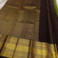 Forest Gold – Pure Kanchipuram Silk Saree
Leaf-green body with fine pin stripes.
Zari leaf buttas for subtle sparkle.
Coffee-maroon korvai border in antique gold.

Silk Mark Certified, delivery in 2 weeks