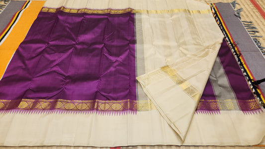Ivory Plum ✨ – Pure Kanchipuram Silk Saree
Ivory Silk Body with Smooth Finish
Plum-Purple Contrast Border with Gold Zari Motifs
Temple-Inspired Edging & Rich Plum Pallu

Silk Mark Certified, delivery in 2 weeks