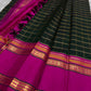 Rani Maragatham Zari Kattam — Pure Silk Kanchipuram (Handloom)
Emerald green body with fine gold kattam checks & zari lines • Vibrant rani-pink border with temple coin motifs
Rich rani-pink pallu with antique-gold zari panels • Silk Mark Certified ✅ Free