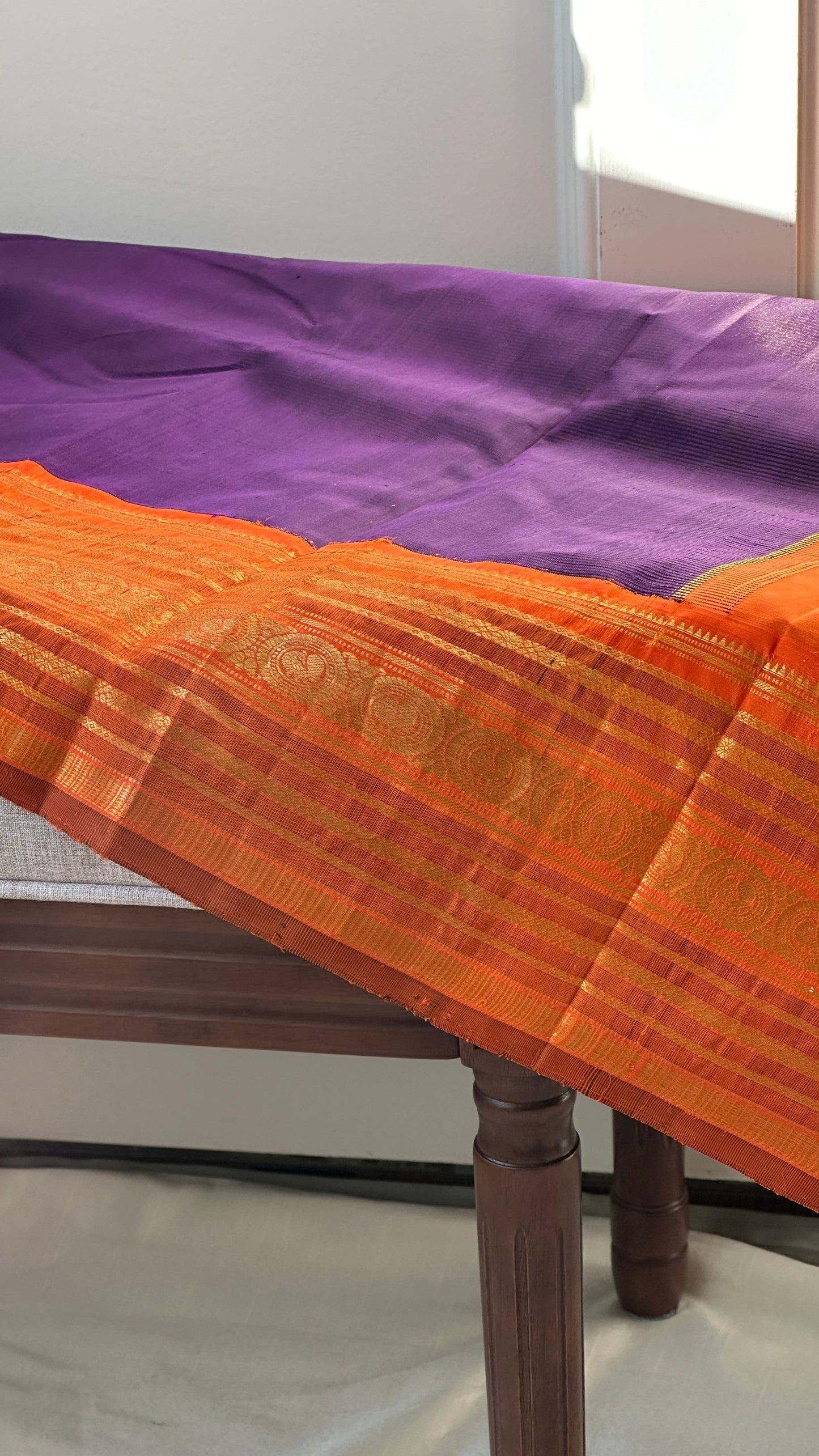 Pure silk Kanchipuram - silk mark - grape purple and tangerine orange