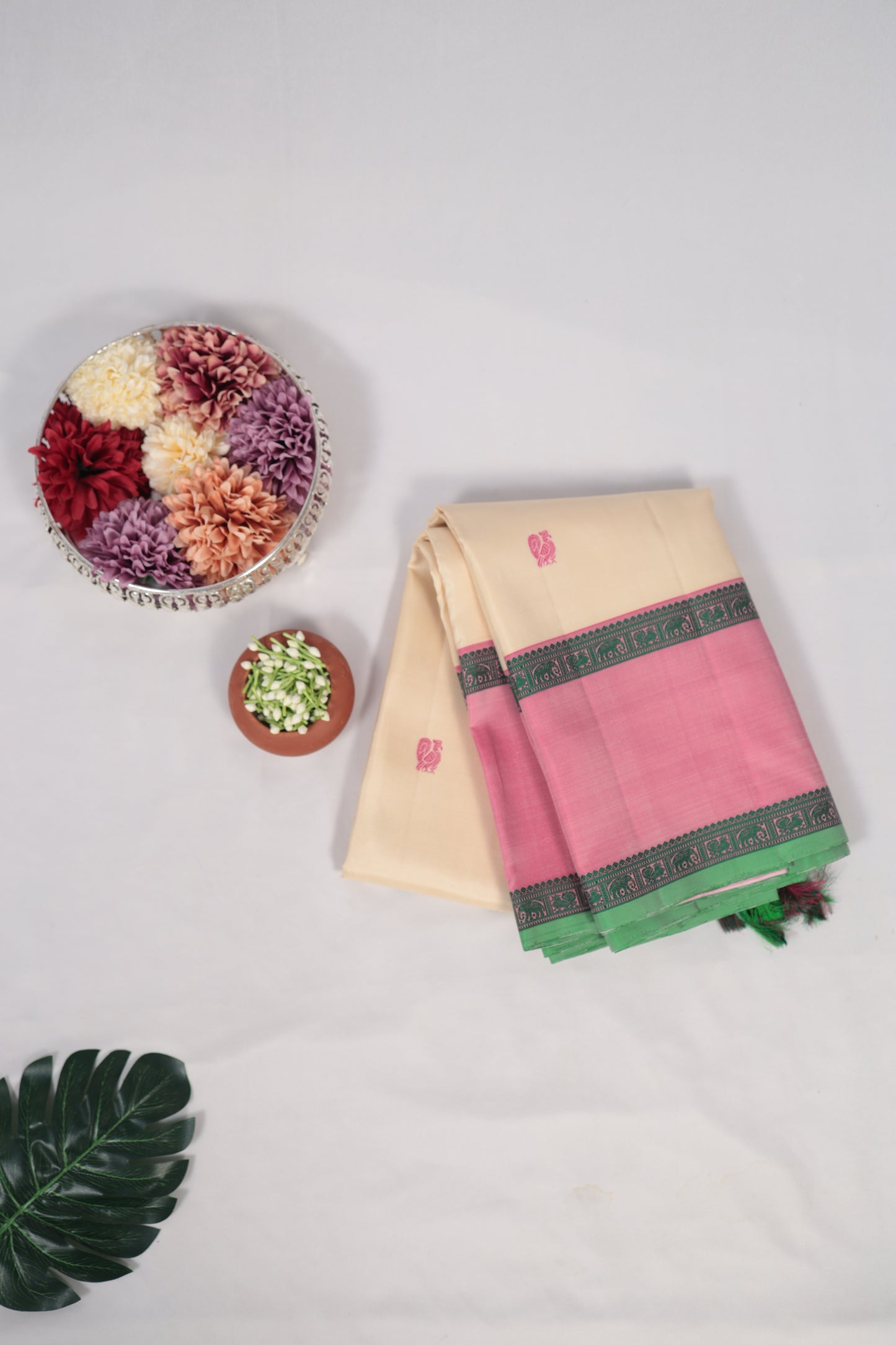 Ivory & Lotus Pink No-Zari Kanchipuram Silk Saree
