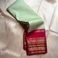 Sakthi ✨
Pistachio-Mint Oosi-Line Kanchipuram Silk
Rani-Pink Korvai Maanga Zari Border
Grand Gold Brocade Pallu
Silk Mark Certified | Handloom Heirloom