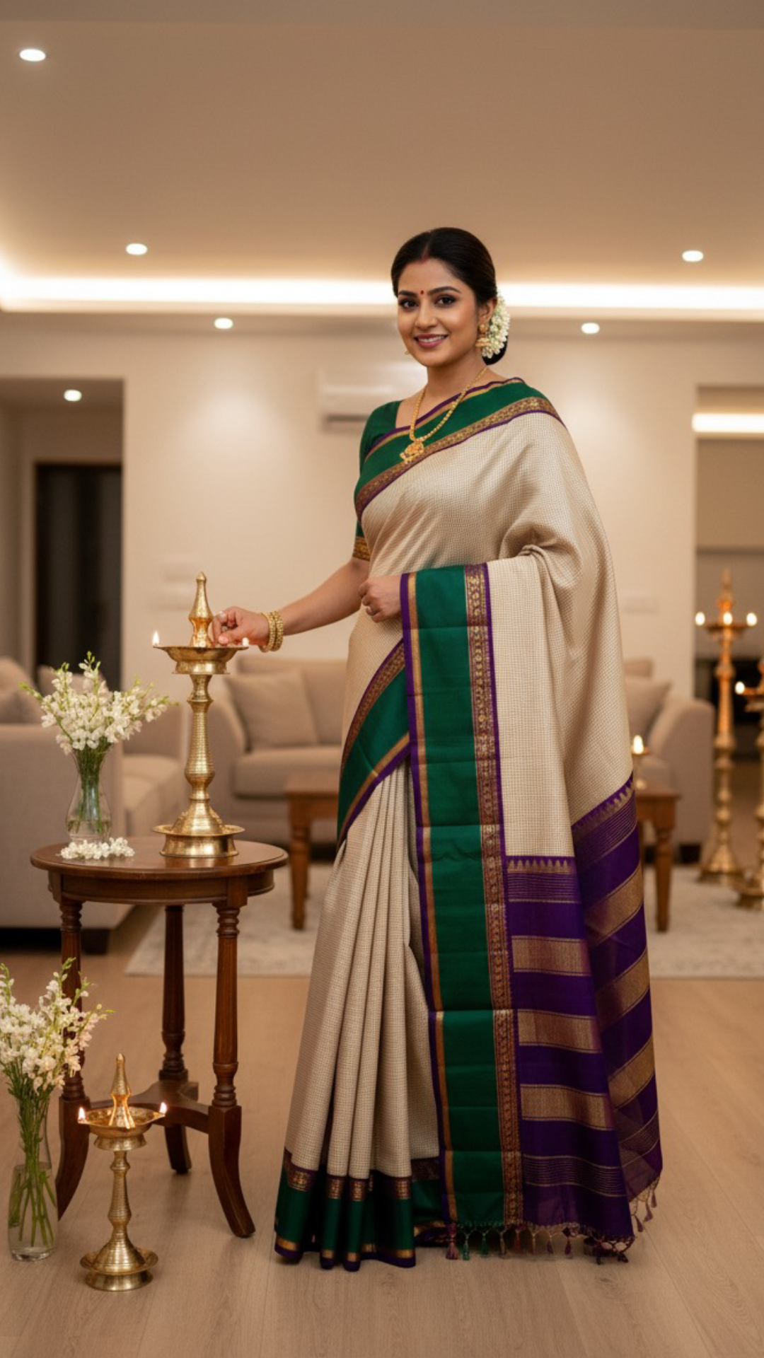 Sandal Emerald Kattam – Pure Kanchipuram Silk Saree
Micro Sandal & Ivory Checks with Korvai Emerald Green Border
Purple Selvedge with Zari Floral Detailing
Rich Purple Zari-Striped Pallu | l
Silk Mark Certified ✅ | ships in two weeks