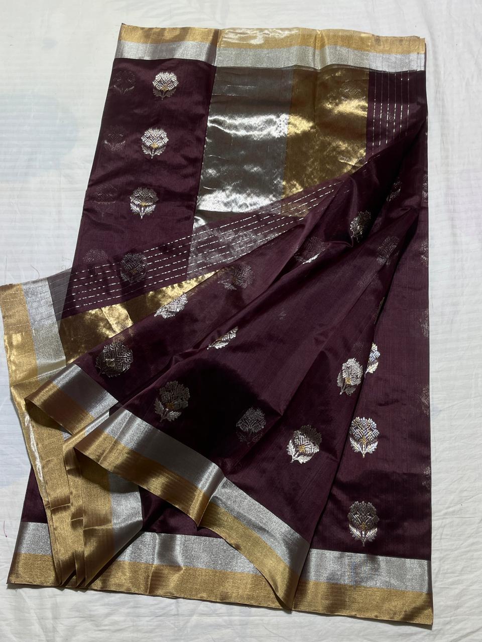 Pure silk Chanderi handloom coffee brown with sona roopa motif saree