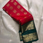 Sindoor red silk body with gold buttas and deep green elephant zari woven border close view