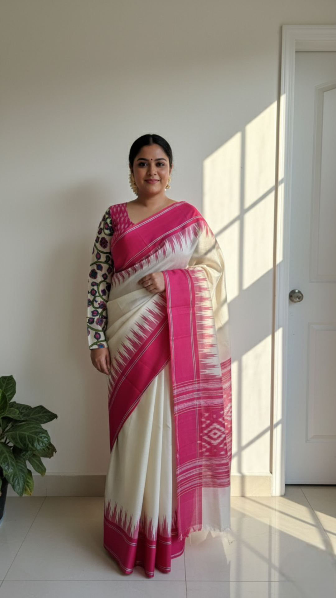 "Charu" collection - Ikat and kalamkari blouse in pink,green and white