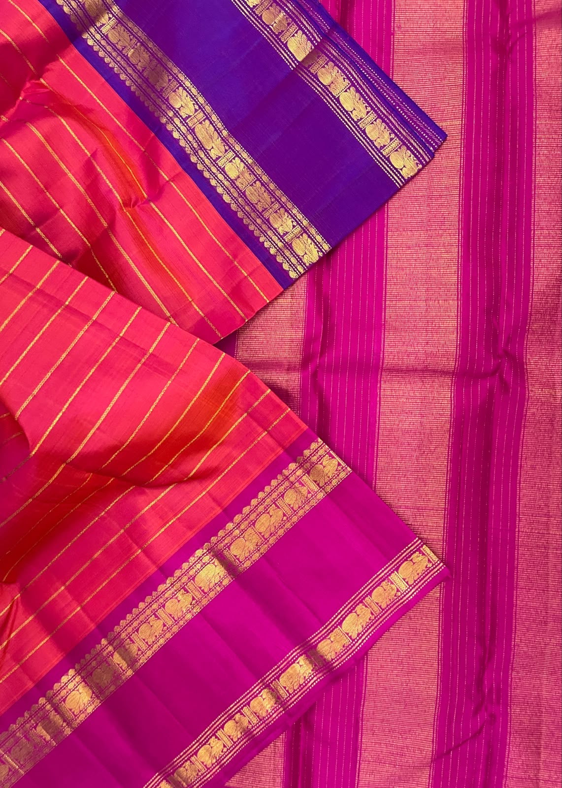 Coral red Kanjivaram Rettapet saree with Veldhari woven zari