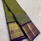 Olive green pure silk Kancheepuram Vairaoosi saree with fine zari lines, full drape view